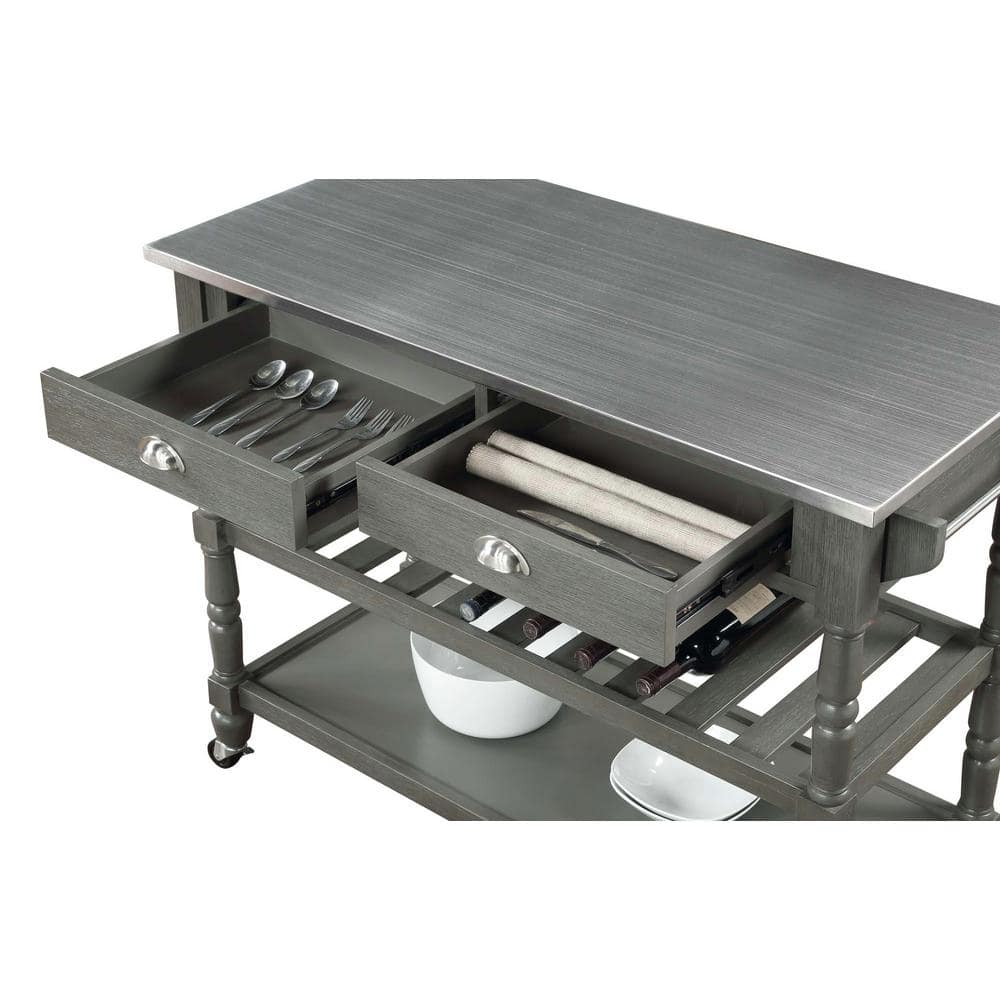 Convenience Concepts French Country 3 Tier Butcher Block Kitchen Cart with Drawers, Stainless Steel/Wirebrush Dark