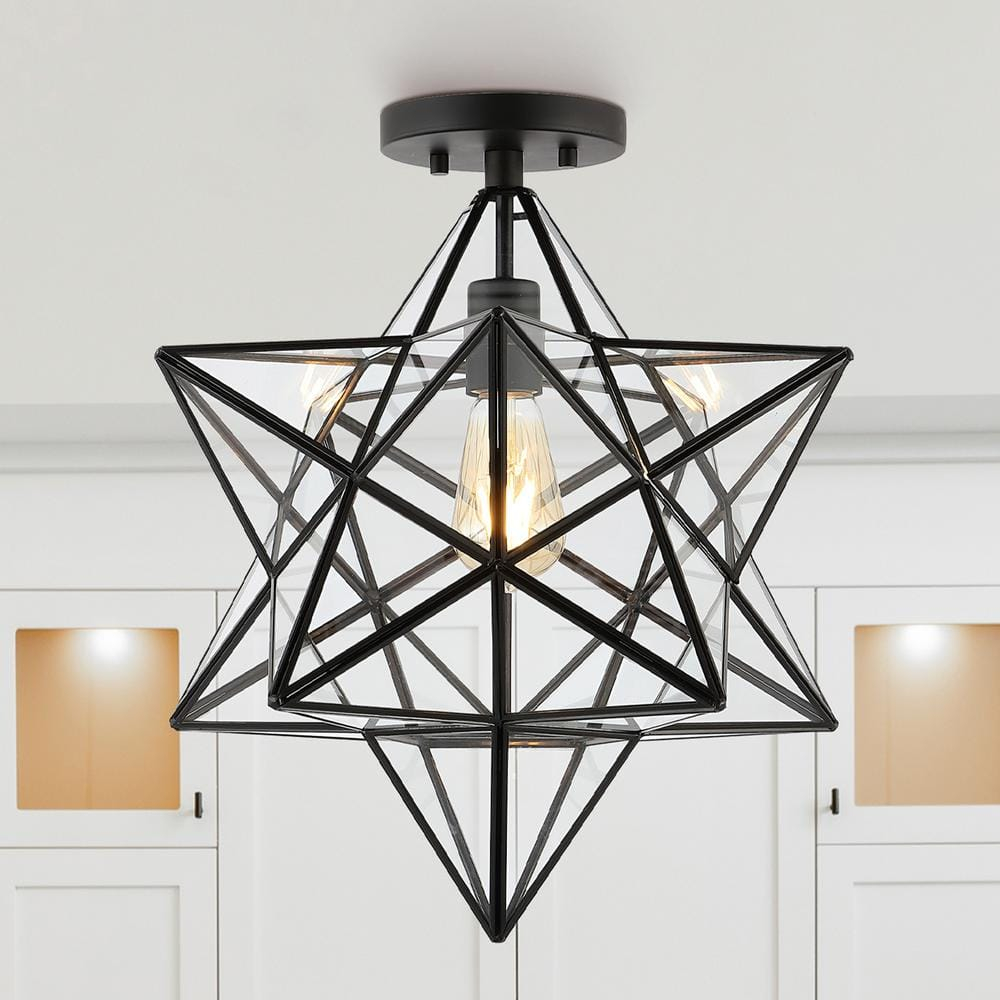 Ava 14.5" 1-Light Farmhouse Bohemian Iron/Glass LED Semi Flush Mount, Black/Clear