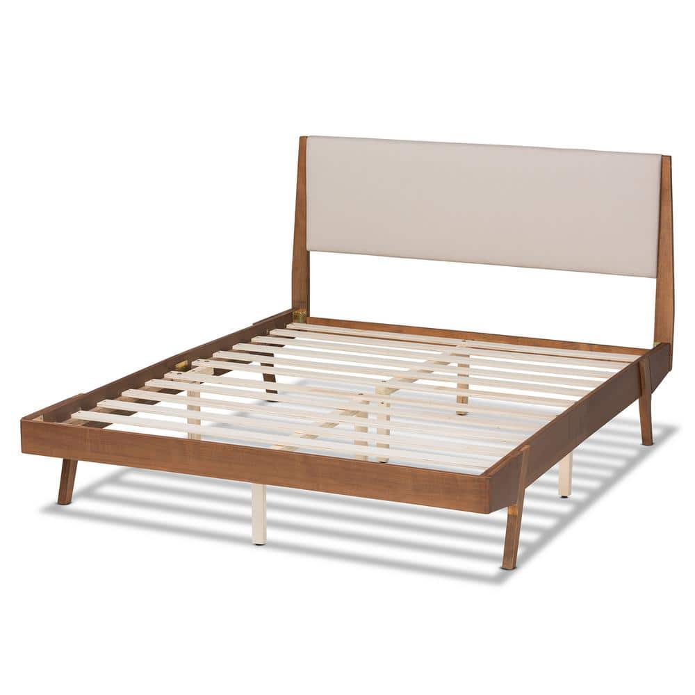 Baxton Studio Senna Mid-Century Modern Beige Fabric Upholstered and Walnut Brown Finished Wood Queen Size Platform Bed