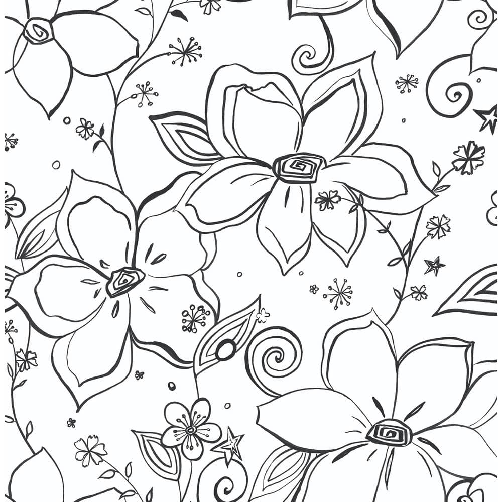 NextWall Black & White Linework Floral Peel and Stick Wallpaper