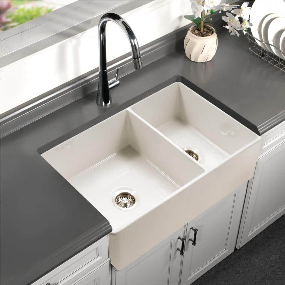 Platus 33 in. Biscuit Fireclay Apron Front Farmhouse 60/40 Double Bowl Kitchen Sink with Strainer and Grids PTD-6040 BQC