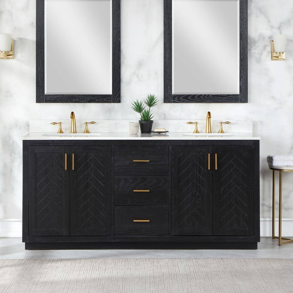 Gazsi 72" Double Bathroom Vanity Set in Black Oak with Grain White Composite Stone Countertop Without Mirror