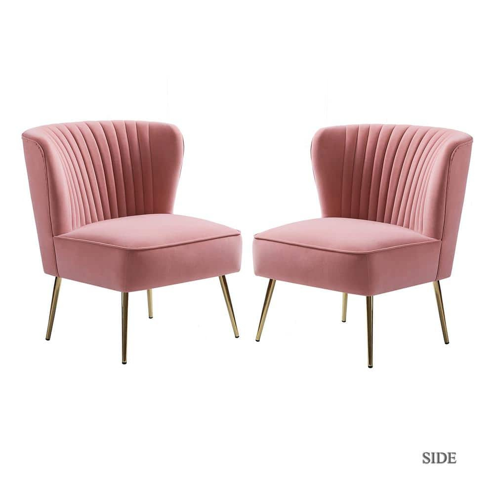 Modern Velvet Accent Chair Set of 2 Upholstered Side Chairs Gold Leg Home Bedroom Pink