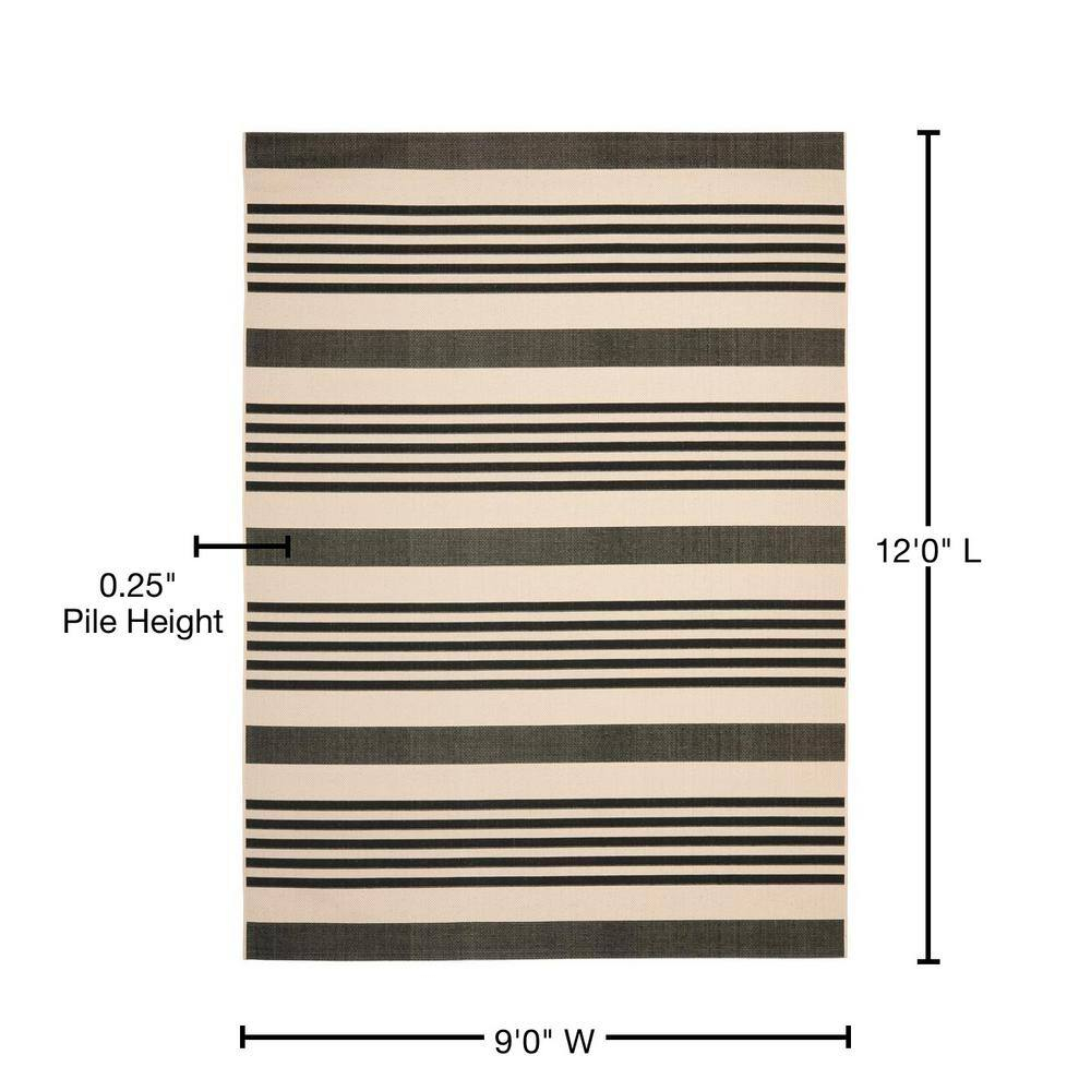 SAFAVIEH Courtyard Caroline Striped Indoor/Outdoor Area Rug, Black/Bone, 9' x 12'