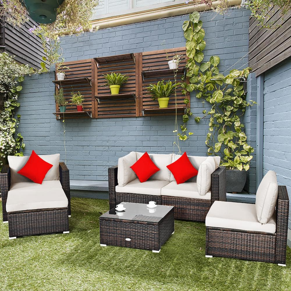 Patiojoy 6PCS Rattan Patio Furniture Set Cushioned Sofa Chair Ottoman White