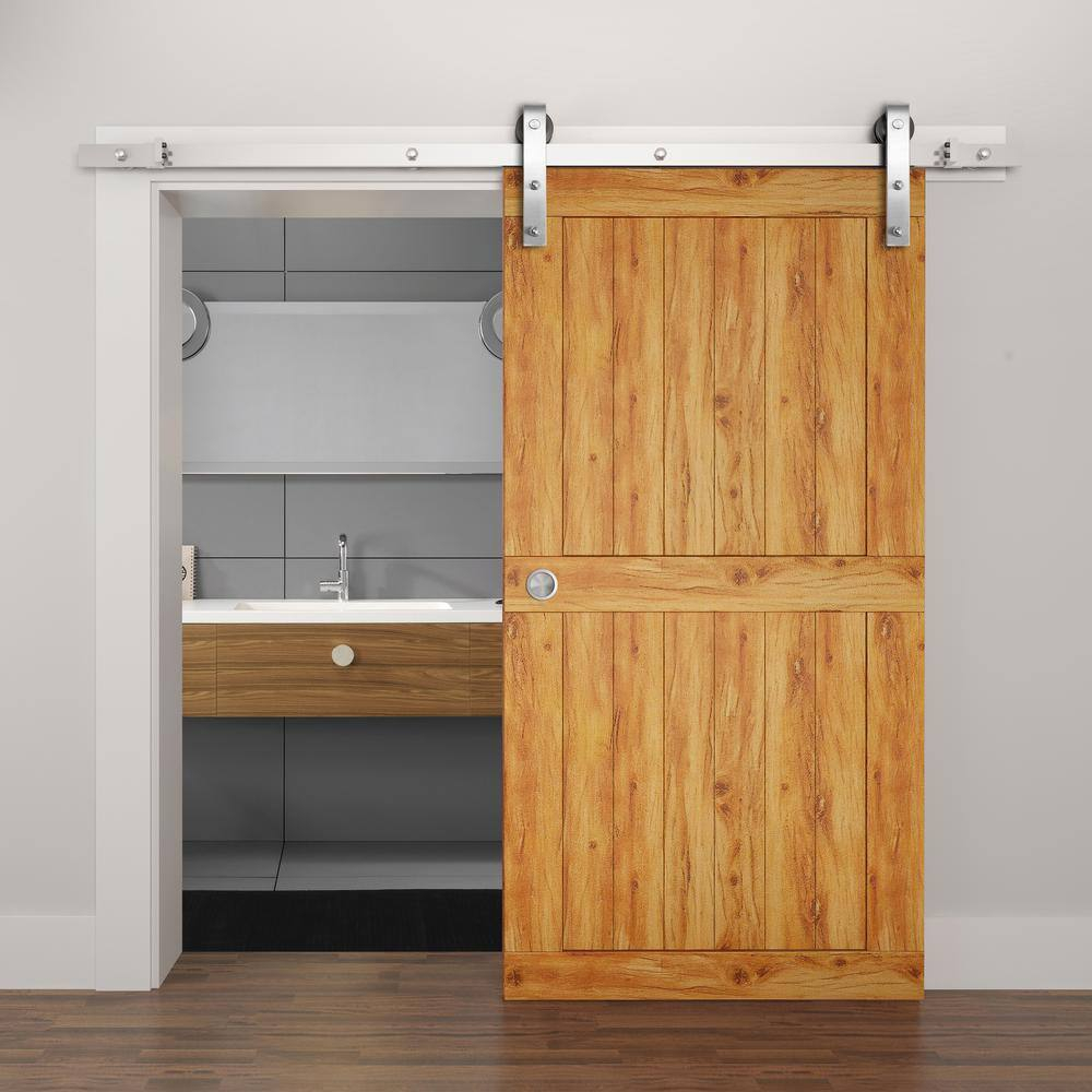 Expressions 96 in. Brushed Stainless Steel Bent Strap Sliding Barn Door Hardware and Track Kit