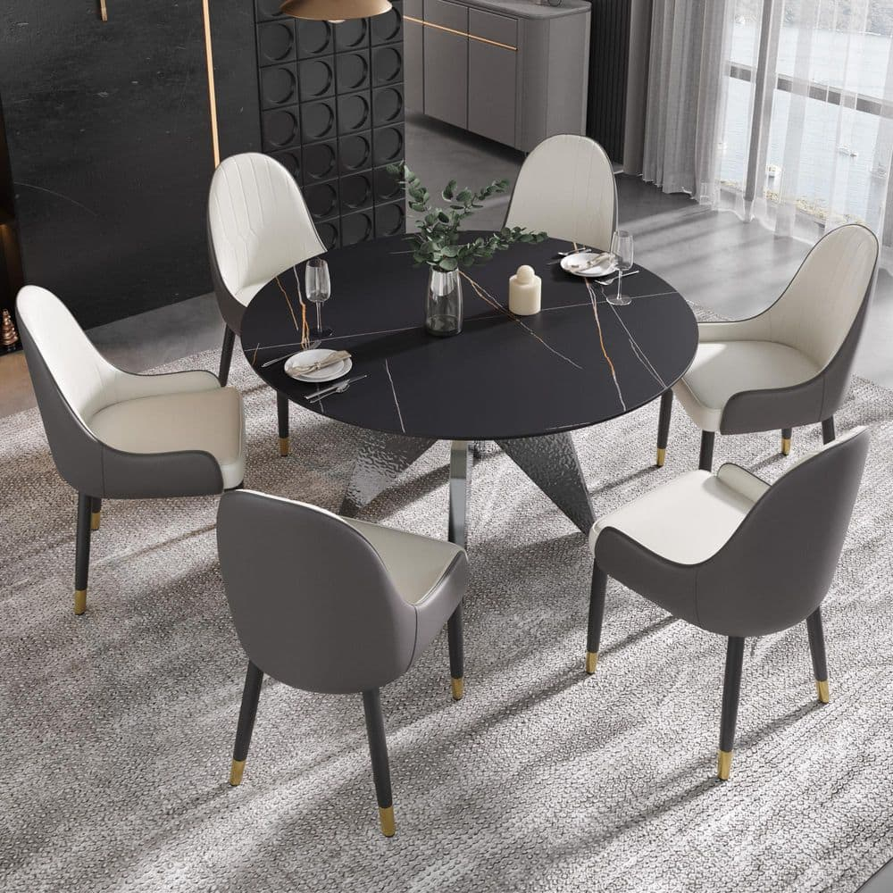53.1 in. Black Round Sintered Stone Tabletop Silver Pedestal Base Kitchen Dining Table (Seats-6)