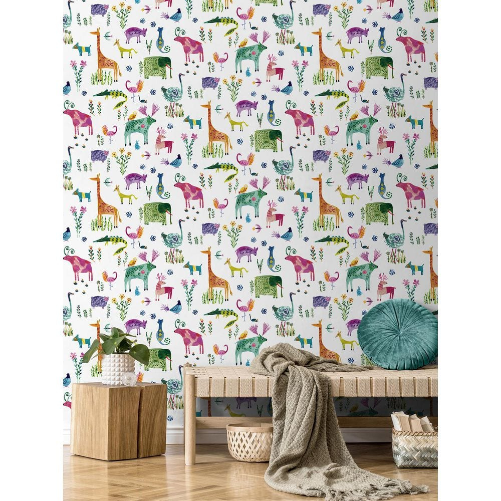 Harry & Grace Off-White Animals Peel and Stick Wallpaper - 20.5 in. W x 18 ft. L Roll