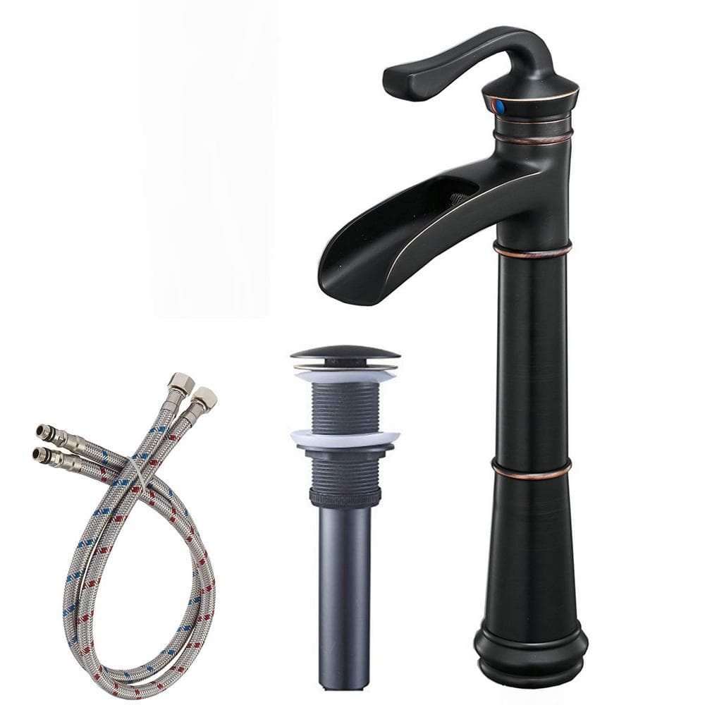 Vessel Sink Faucet Oil Rubbed Bronze Bathroom Faucet Waterfall Farmhouse Single Hole Single Handle for Sink Lavatory Faucets with Pop Up Drain Without Overflow Supply Line