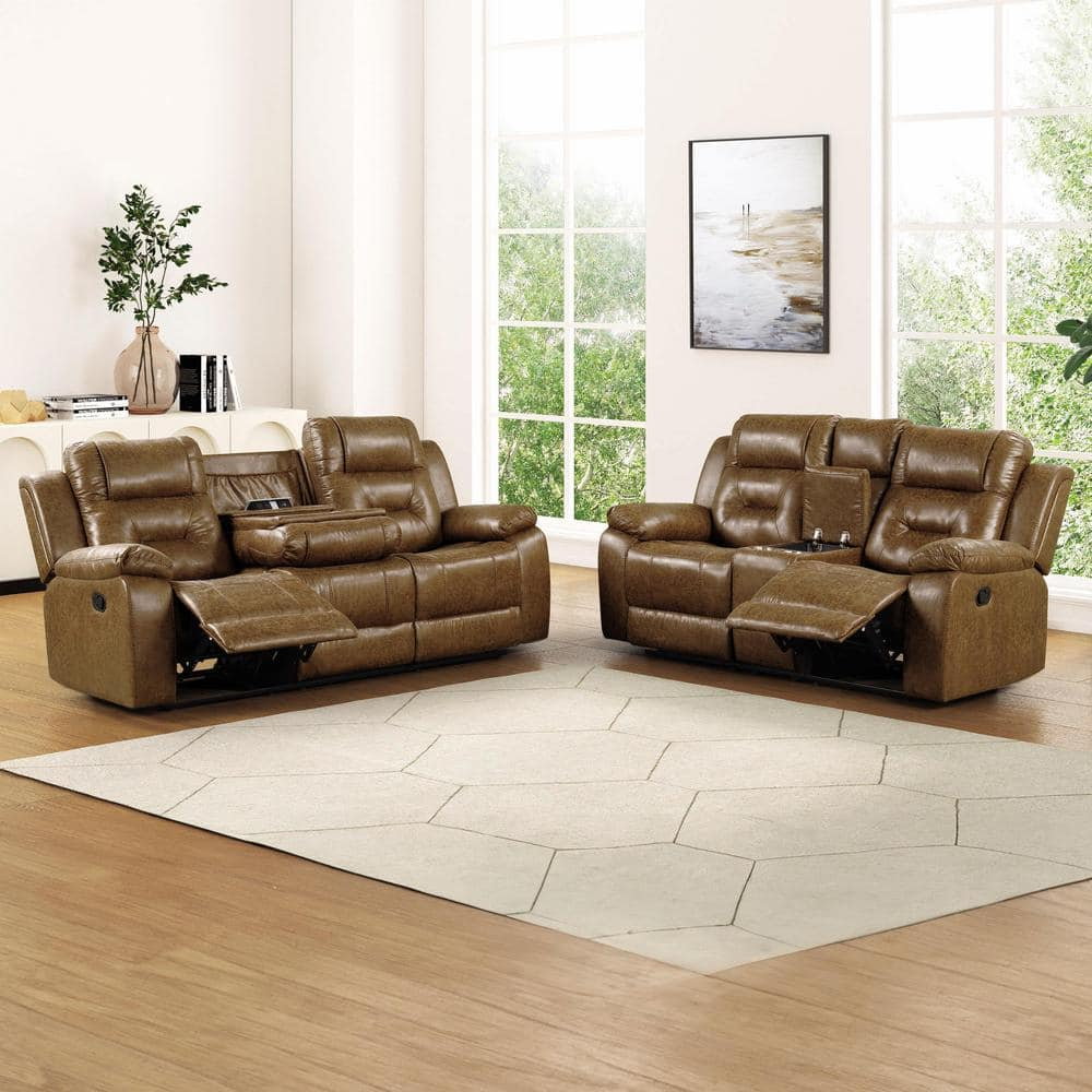 Furniture of America Ranshell 2-Piece Faux Leather Sofa Set in Brown