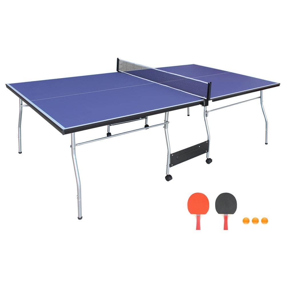 8 ft Blue Foldable Outdoor Table Tennis Set with Net and Paddles