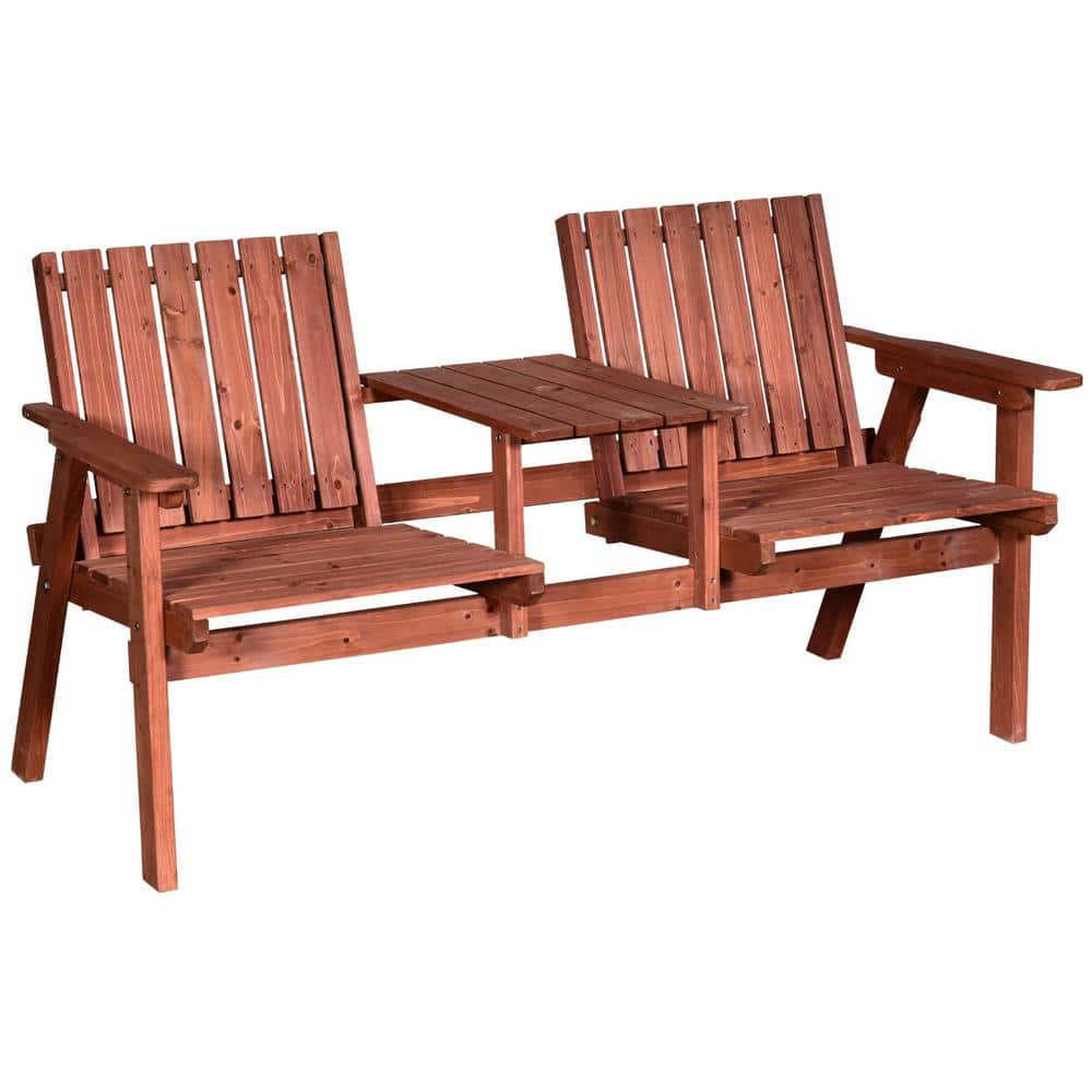 Outsunny Patio Bench, Wood Garden Bench with Center Table & Umbrella Hole, Wooden Outdoor 2 Chair Set, Slatted, Varnished, Orange