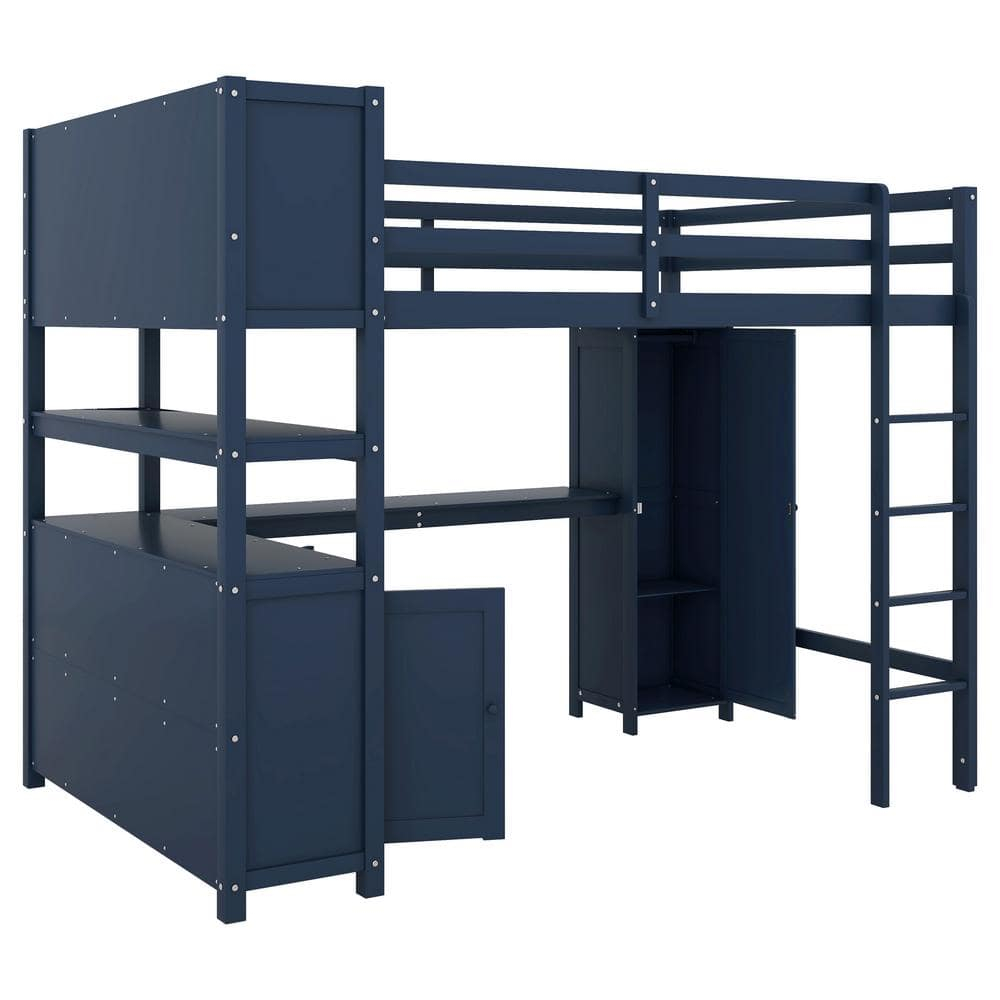 Dark Blue Full Size Wood Loft Bed with Wardrobe, Desk, Bookshelf and Cabinet