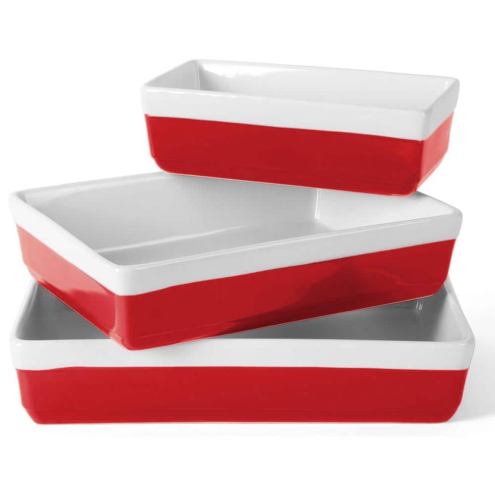 3-Piece Rectangular Stoneware Nesting Baker Set in Red