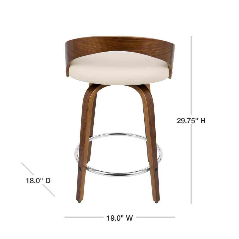Grotto Mid-Century Modern Counter Stool with Swivel in Walnut with Cream Faux Leather by LumiSource - Set of 2