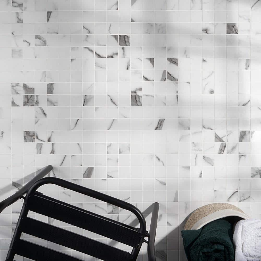 Saroshi Statuario Valley 11.81 in. x 11.81 in. Matte Porcelain Floor and Wall Mosaic Tile (0.96 sq. ft./Each)