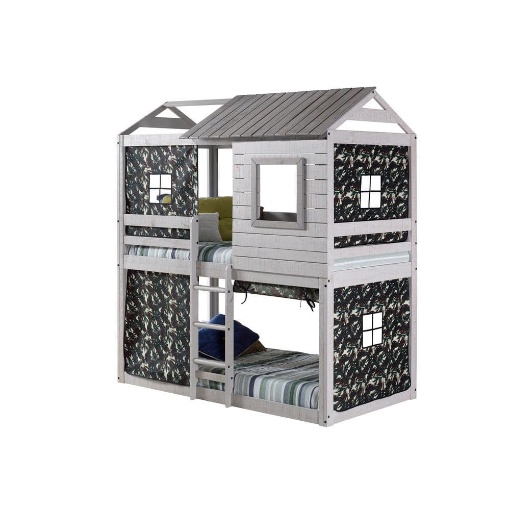 Rustic Light Grey Pine Twin Bunk Bed with Camo Tent