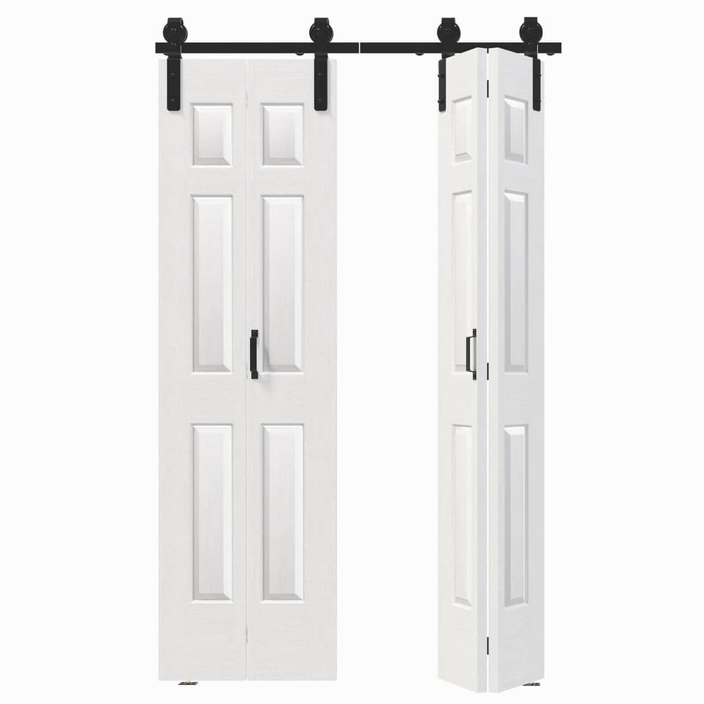 48"（24" x2） x 84" Bi-Folding Barn Door, 6-Panel with Sliding Hardware Kit Set, Pre-drilled Closet Door Slab, 4.3FT Track for 4 Finished Doors, MDF, White