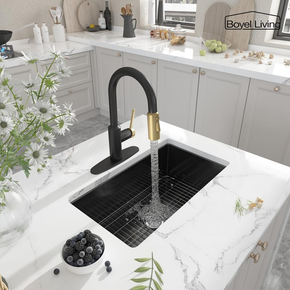 Matte Black and Brushed Gold Stainless Steel Pull Down Kitchen Faucet