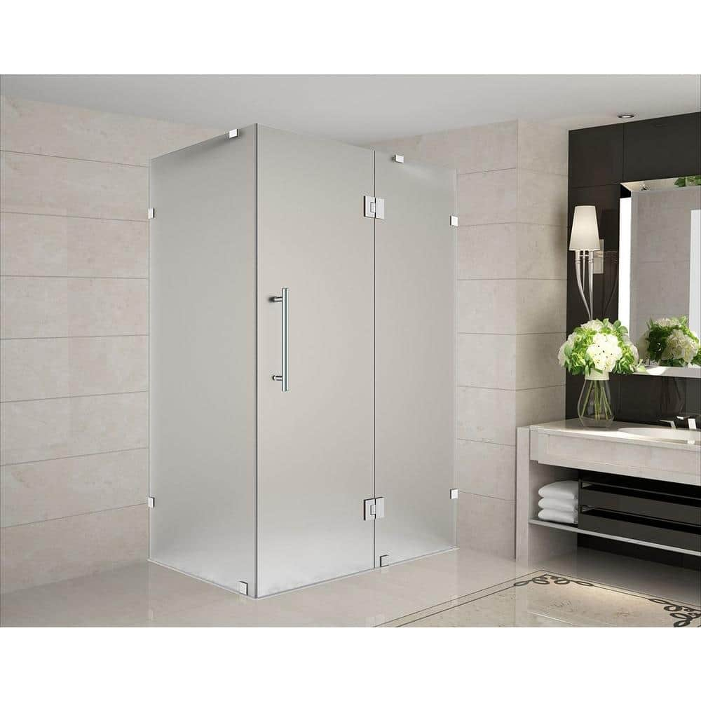Avalux 37 in. x 38 in. x 72 in. Completely Frameless Hinged Shower Enclosure with Frosted Glass in Stainless Steel