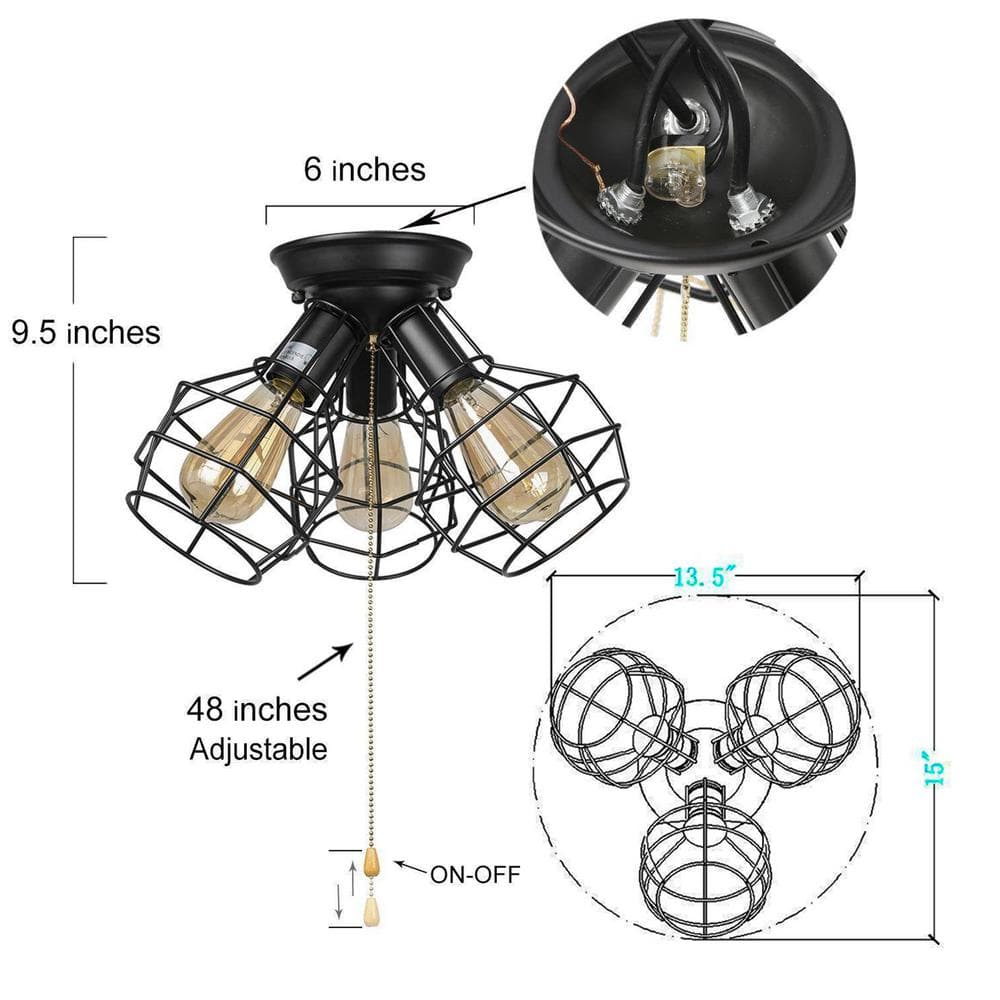 Industrial Flush Mount Ceiling Light, 15" Black 3-Light Fixture with Cage Shade & Pull Chain