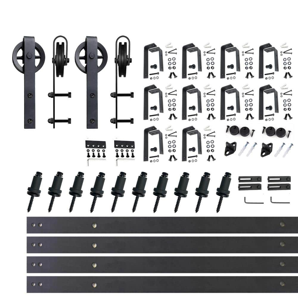Homacer Black Rustic Double Track U-Shape Bypass Sliding Barn Door Hardware Kit, for Two/Double Doors, 12ft Long Flat Track, Spoke Wheel Design Roller, Heavy Duty, for Interior & Exterior Use