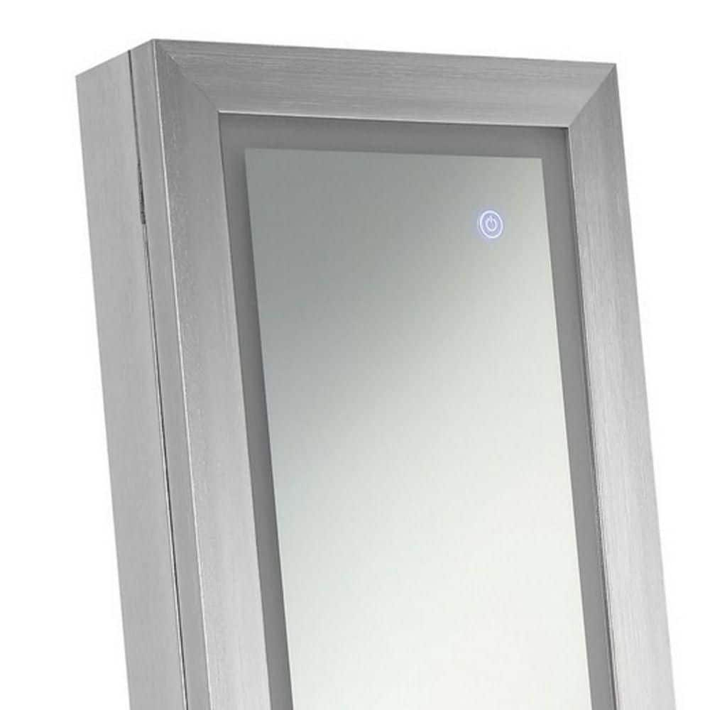 58 Inch Full Body Floor Cheval Mirror Jewelry Storage LED Silver - Saltoro Sherpi