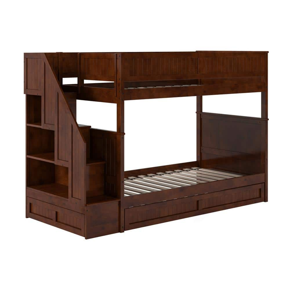 Walnut Twin Over Twin Bunk Bed with Storage Drawer and Trundle