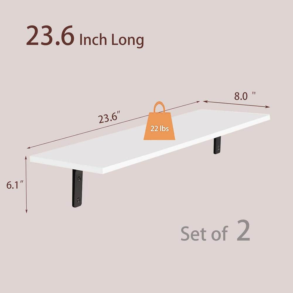 DINZI LVJ Long Wall Shelves, 23.6 Inch Wall Mounted Shelves Set of 2, Easy-to-Install, Wall Storage Ledges with Sturdy Metal Brackets for Living Room, Bathroom, Bedroom, Kitchen, White