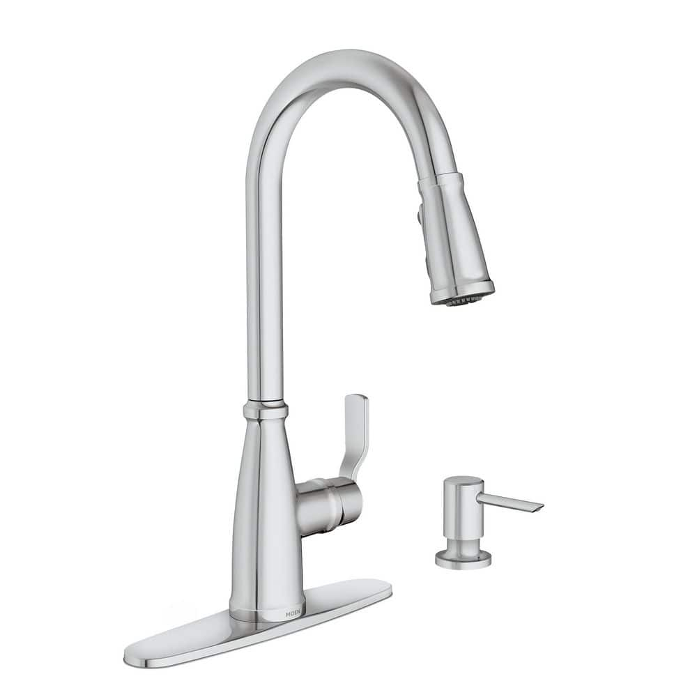 Moen Nolia Chrome One-Handle High Arc Kitchen Faucet with Pull Down Sprayer and Soap Dispenser, Kitchen Sink Faucet Featuring Power Boost Technology, 87071