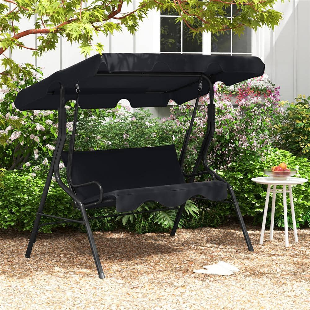 Black Steel Frame 3-Person Patio Swing with Adjustable Canopy