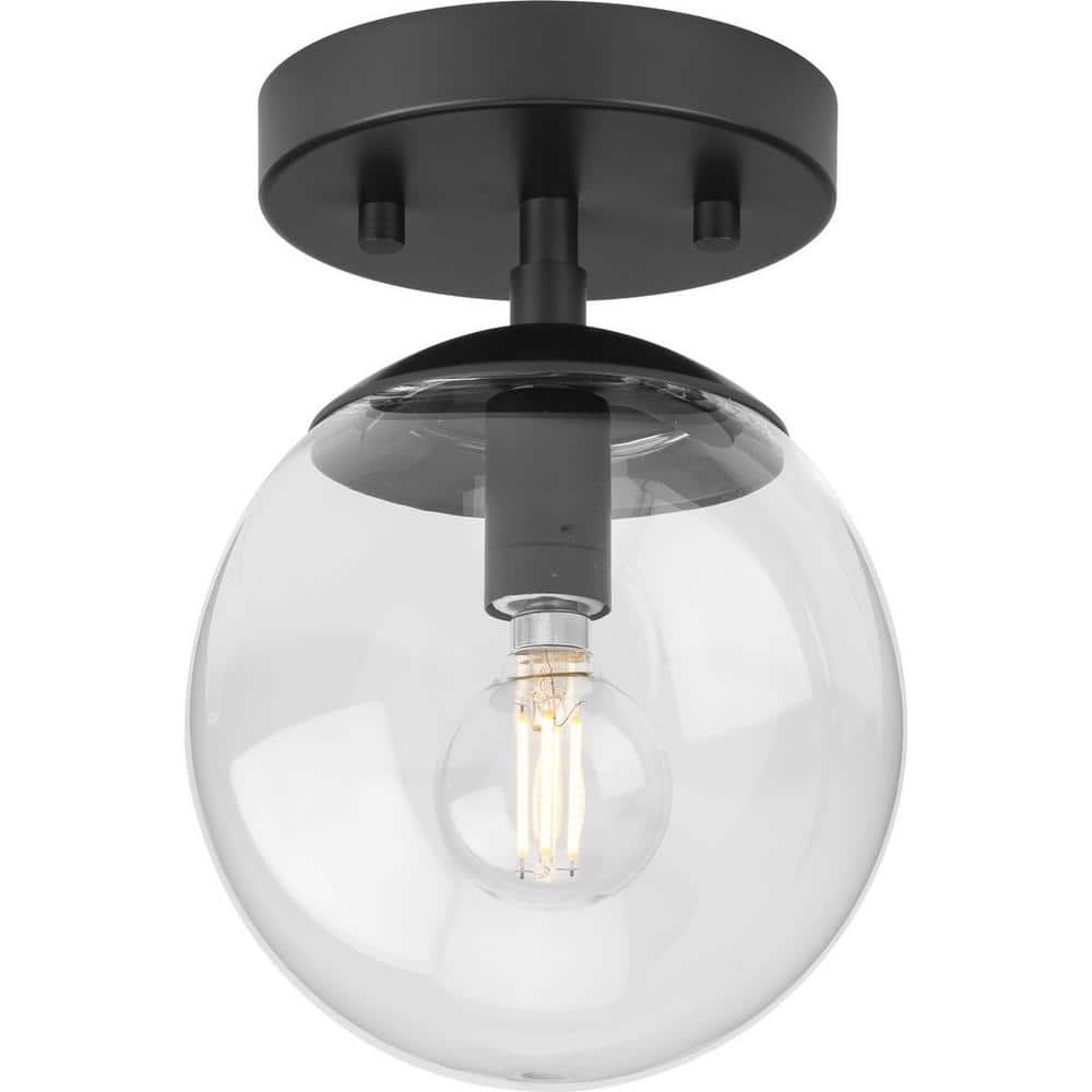 Progress Lighting Atwell 1-Light Flush Mount Ceiling Light in Matte Black with Clear Glass Globe Shade