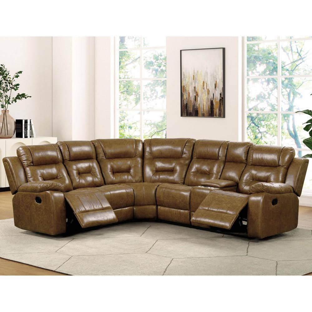 Furniture of America Ranshell Faux Leather Storage Sectional with USBs in Brown