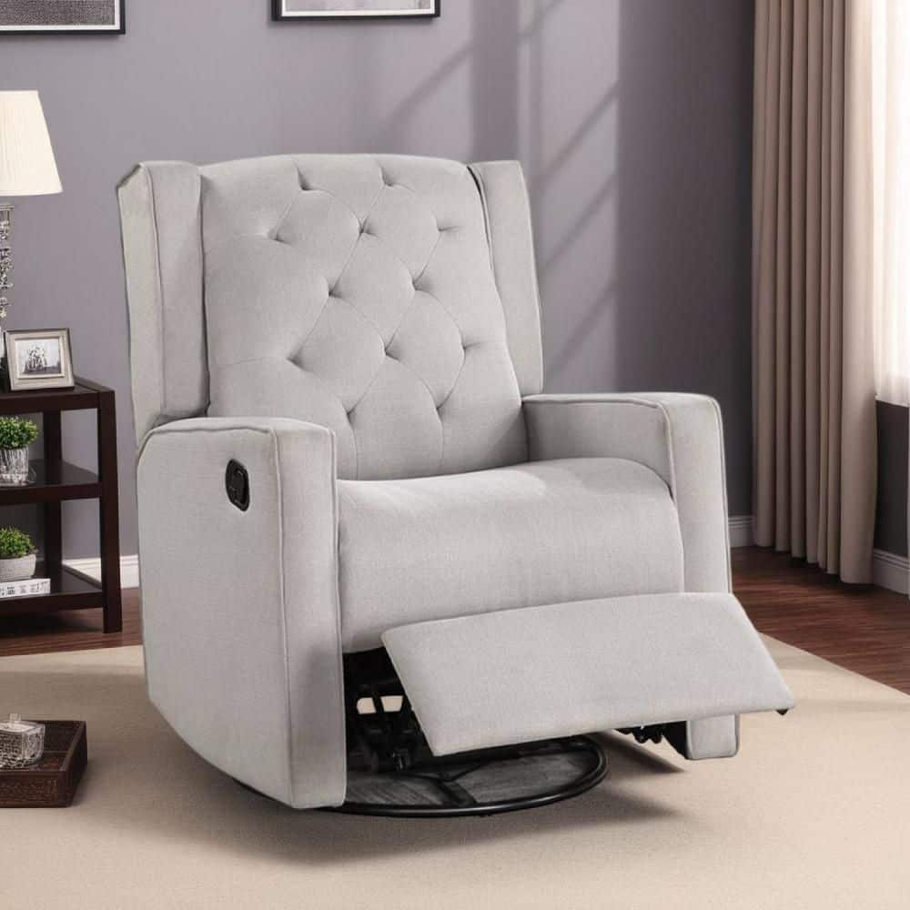 Benjara Push Back Glider Recliner Chair with Swivel, Blush Pink Tufted Fabric