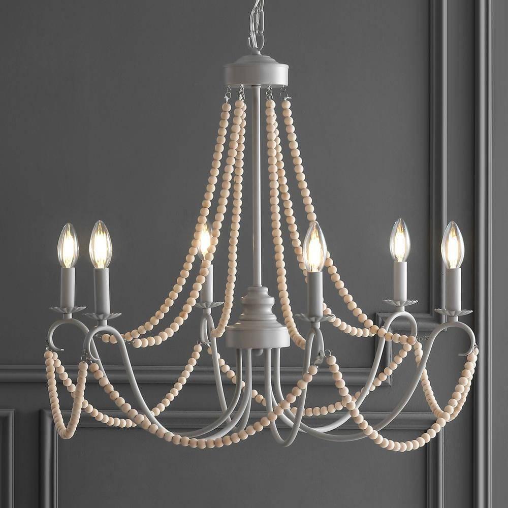JONATHAN Y JYL9060A Rustica 6-Light 27" Adjustable Greige Metal/Wood Bead LED Chandelier, Classic, French Country for living room, dinning room, bedroom, office Bulb Included, Grey/Natural