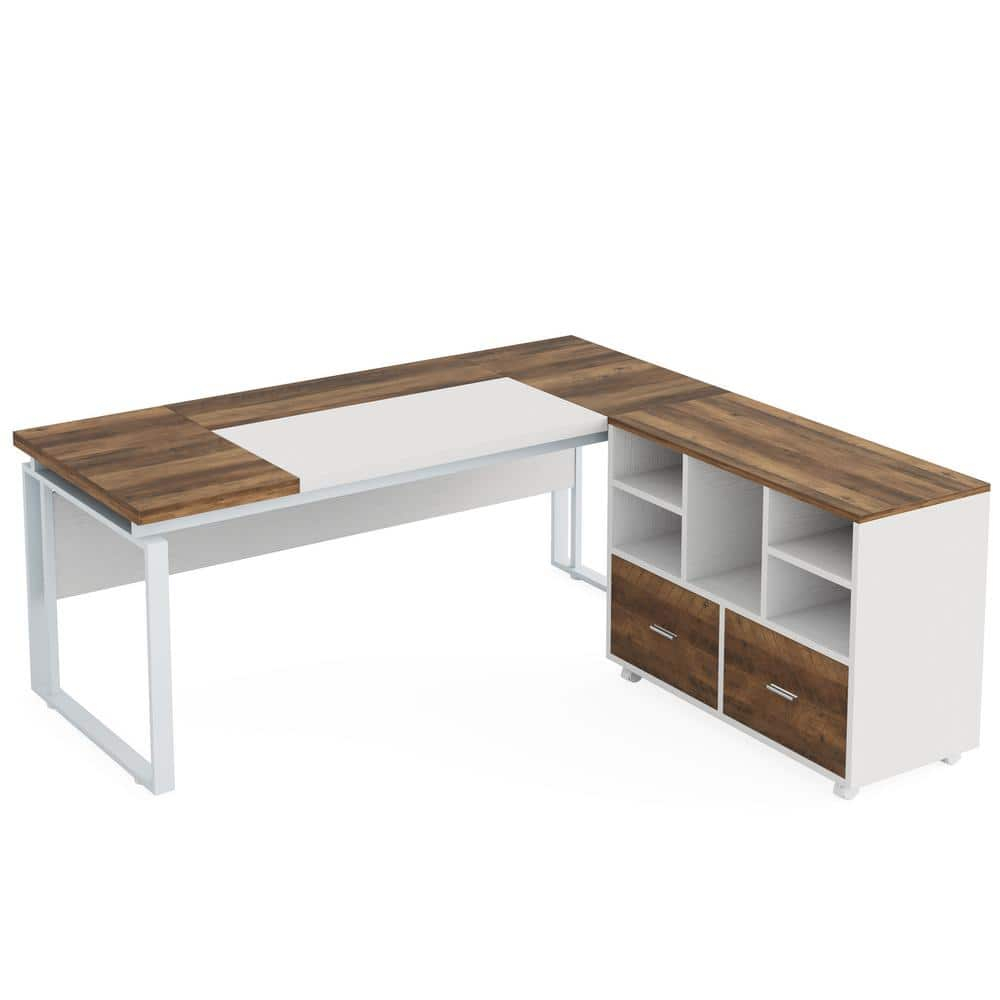 Capen 63 in. L-Shaped Oak Karo and White Wood Executive Desk with Mobile Storage Drawers L-Shaped Computer Desk