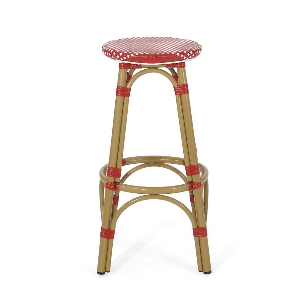 Wilbur Aluminum and Wicker Outdoor 29.5 Inch Barstools, Set of 2, Red, White, and Bamboo Finish
