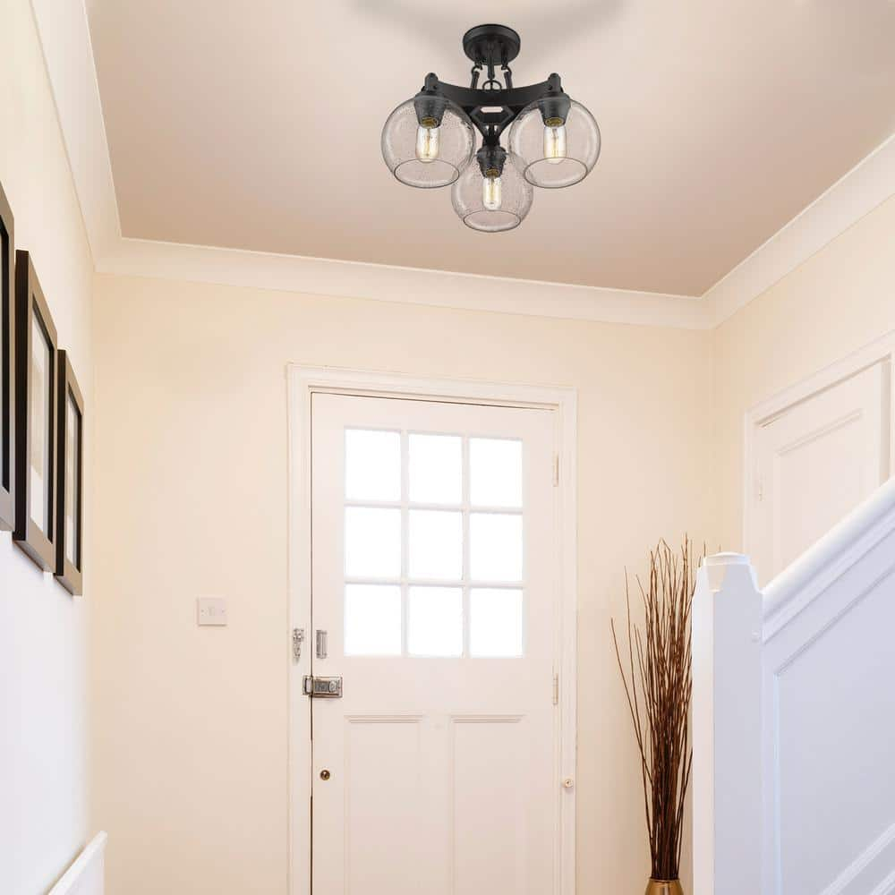 Golden Lighting Galveston 3-Light Semi-flush in Rubbed Bronze with Seeded Glass