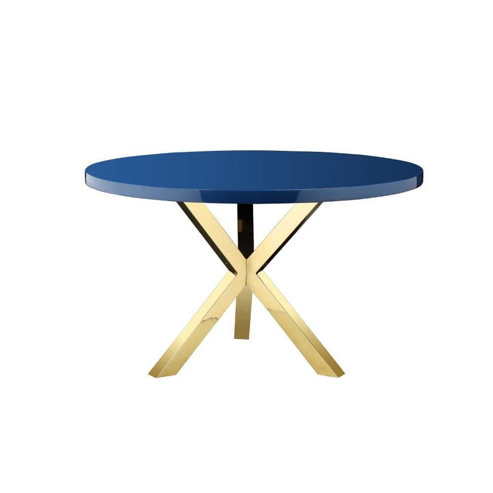 Benjara Emi 47 Inch Dining Table, Round White Lacquer Top, X Twisted Gold Legs