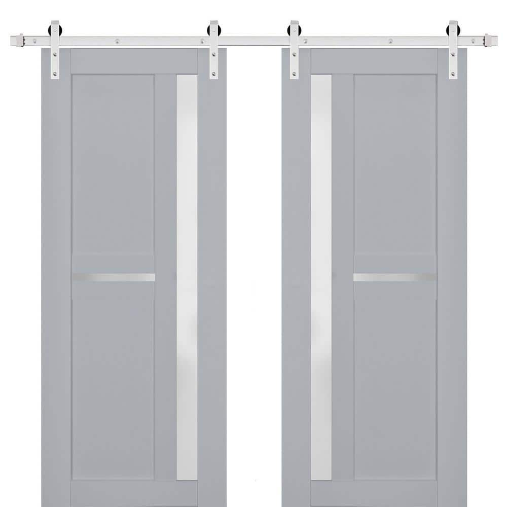 Sturdy Double Barn Door with Frosted Glass | Veregio 7288 Matte Grey | 13FT Rail Hangers Heavy Set | Solid Panel Interior Doors-72" x 84" (2* 36x84)-Silver Rail