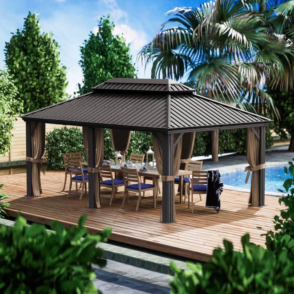 KOZYARD  Alexander Hardtop Aluminum Gazebo with Mosquito Net and Privacy Curtain Dark Brown 12'x18'