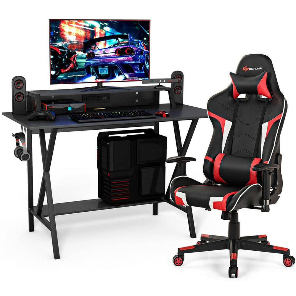 Goplus Gaming Computer Desk&Massage Gaming Chair Set w/Monitor Shelf Power Strip Red
