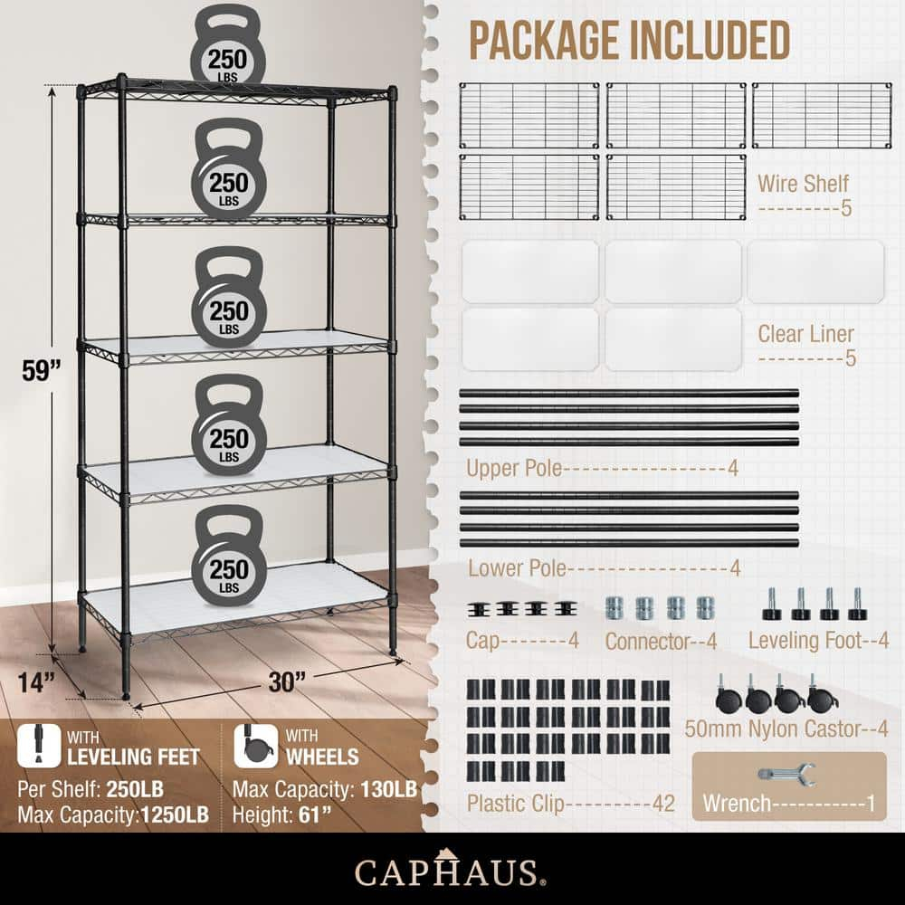 CAPHAUS NSF Adjustable Shelves Metal Wire Shelving Unit w/ Liners, Kitchen Storage Shelving, Metal Steel Storage Shelving, Garage Shelving Storage Organizer, Utility Shelf, 5-Tier W/ Wheels, Black