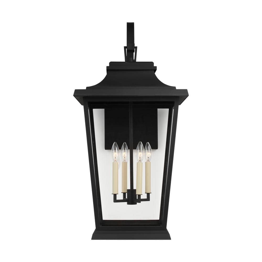 Textured Black 4-Light Outdoor Lantern Sconce with Clear Panels