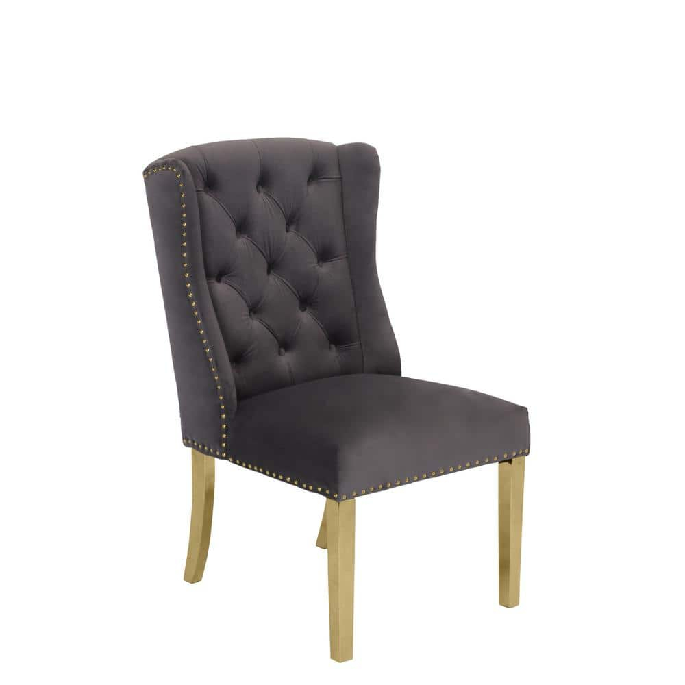 Double Tufted Gray Velvet Side Chairs with Gold Stainless Steel Legs