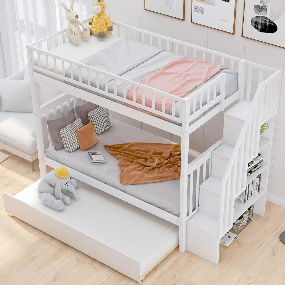 Harper & Bright Designs Solid Wood Bunk Bed Frame with Trundle, Twin Over Twin Loft Bed With Storage Stairways and Guardrails for Kids and Teens
