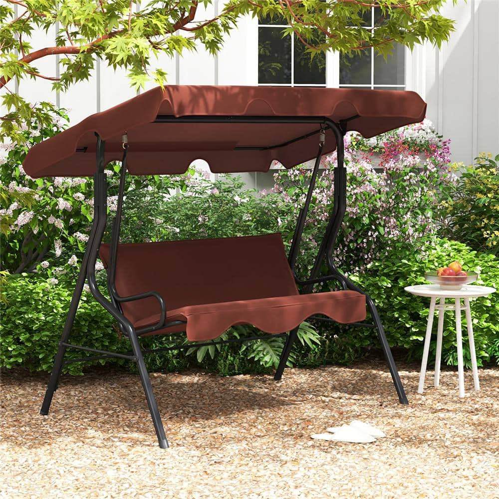 Tangkula 3 Person Porch Swing, Patio Swing with Removable Cushion & Powder-Coated Steel Frame, Outdoor Swing with Canopy for Porch, Backyard, Garden, Balcony (Coffee)