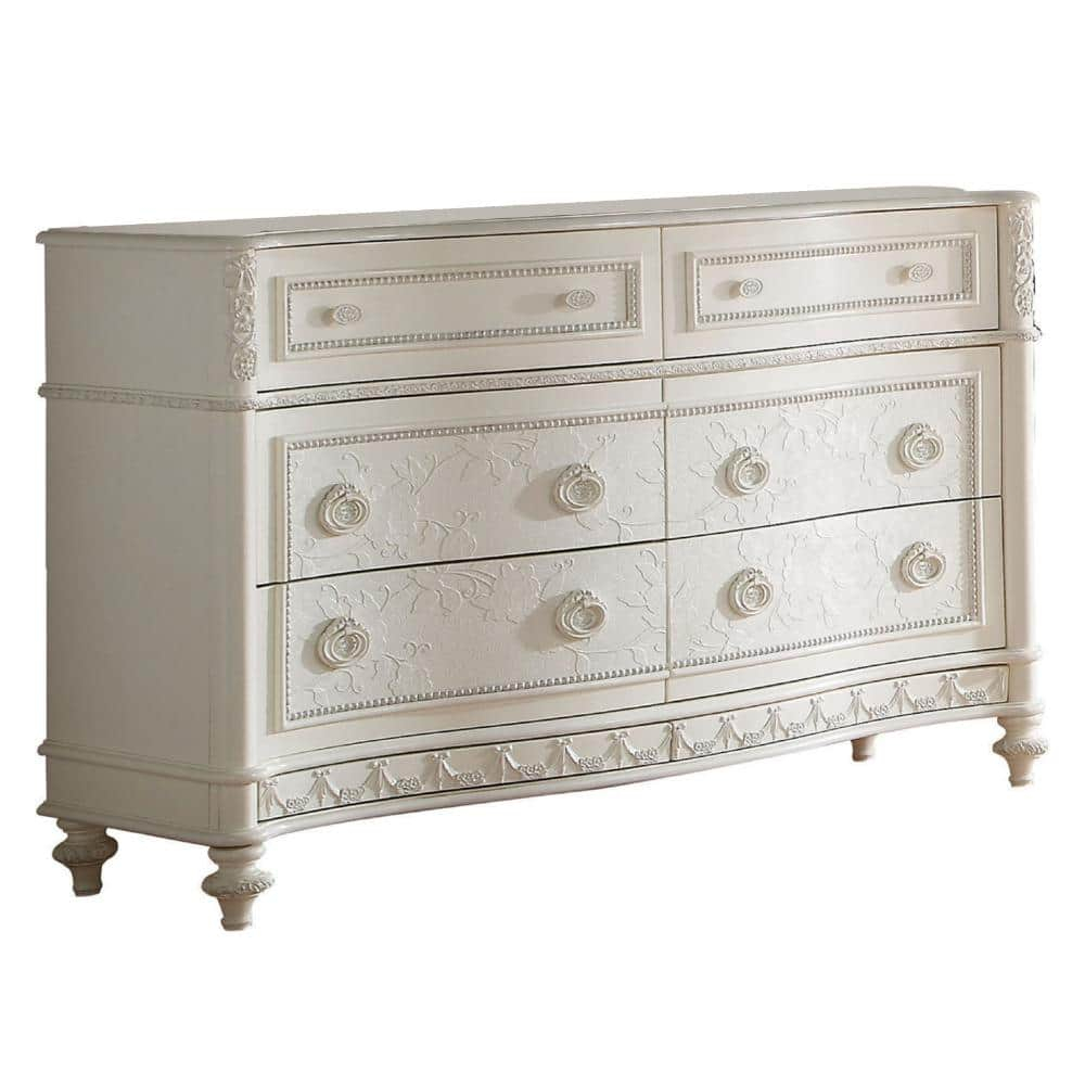 Dorie 54 in. Wide Dresser - 6 Drawers - Oval Molded Trim - Wood - Ivory White