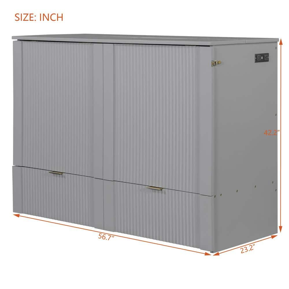 Gray Wood Frame Full Size Murphy Bed with A Spacious Drawer, USB Ports and Sockets, Pulley Structure Design