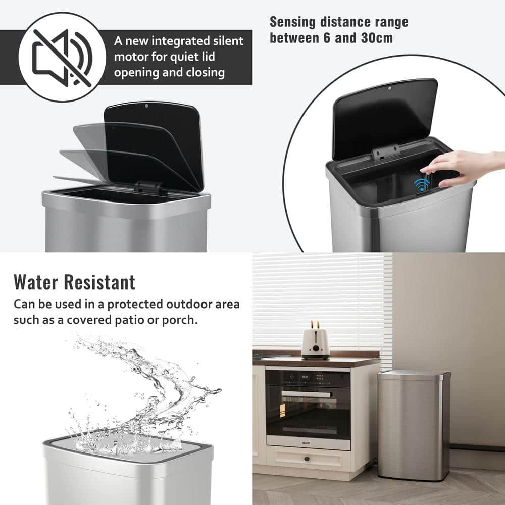 Innovaze 13 Gallon Stainless Steel Rectangular Motion Sensor Trash Can for Kitchen
